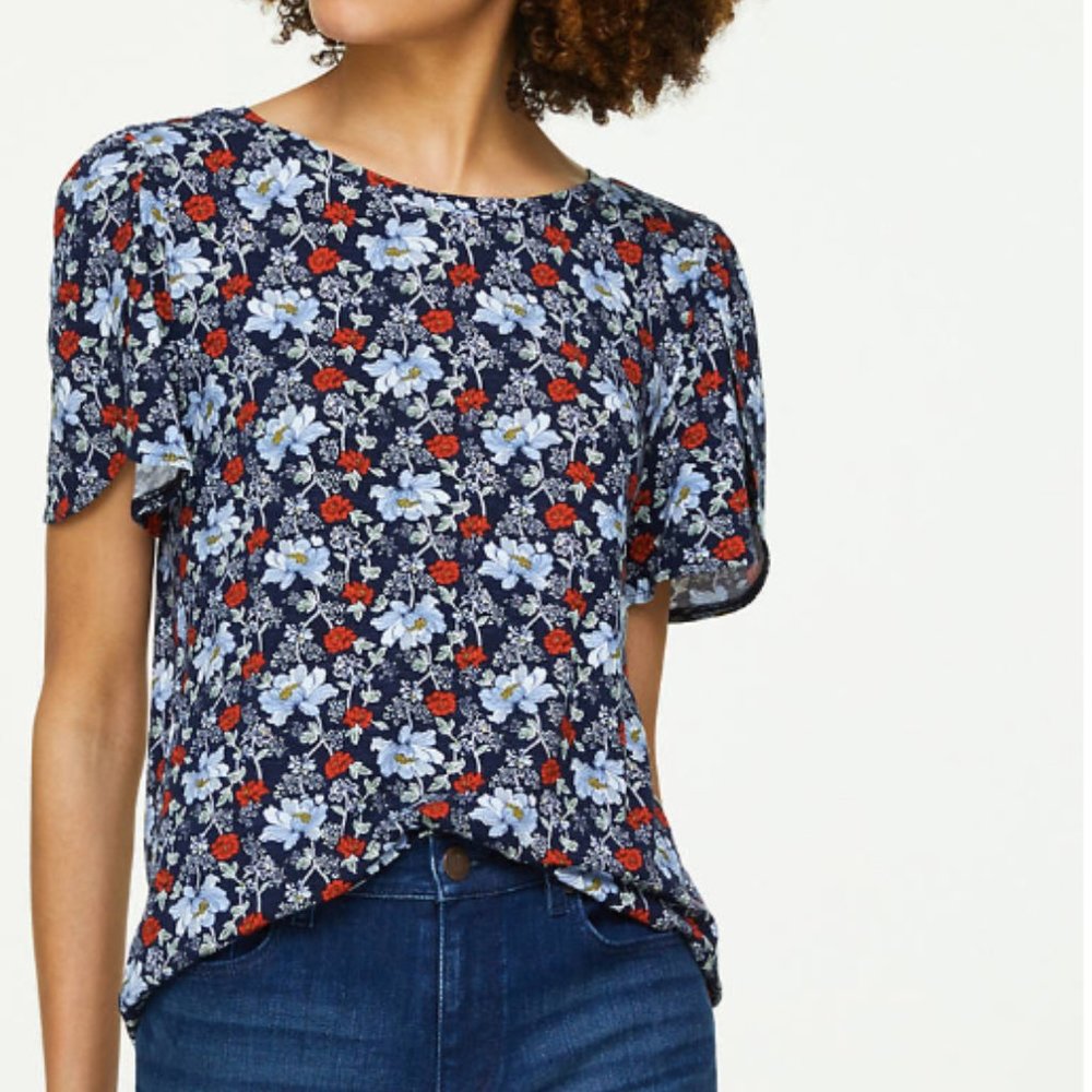 LOFT Navy Floral Short Sleeve Tee with Red and Light Blue Flowers